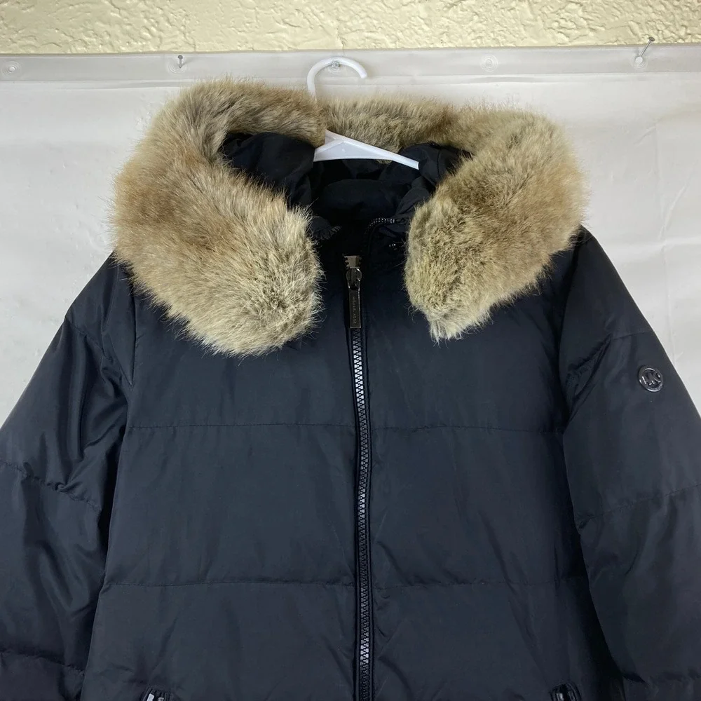 Michael Kors Down Puffer Coat‎ Sz L Black Faux Fur Hooded Parka Quilted Long